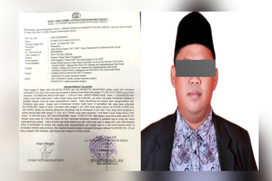 Kades Tebaloan Gresik Dilaporkan ke Polisi, Diduga Gelapkan Mobil Rental Rp698 Juta dan Telantarkan Pelayanan Publik