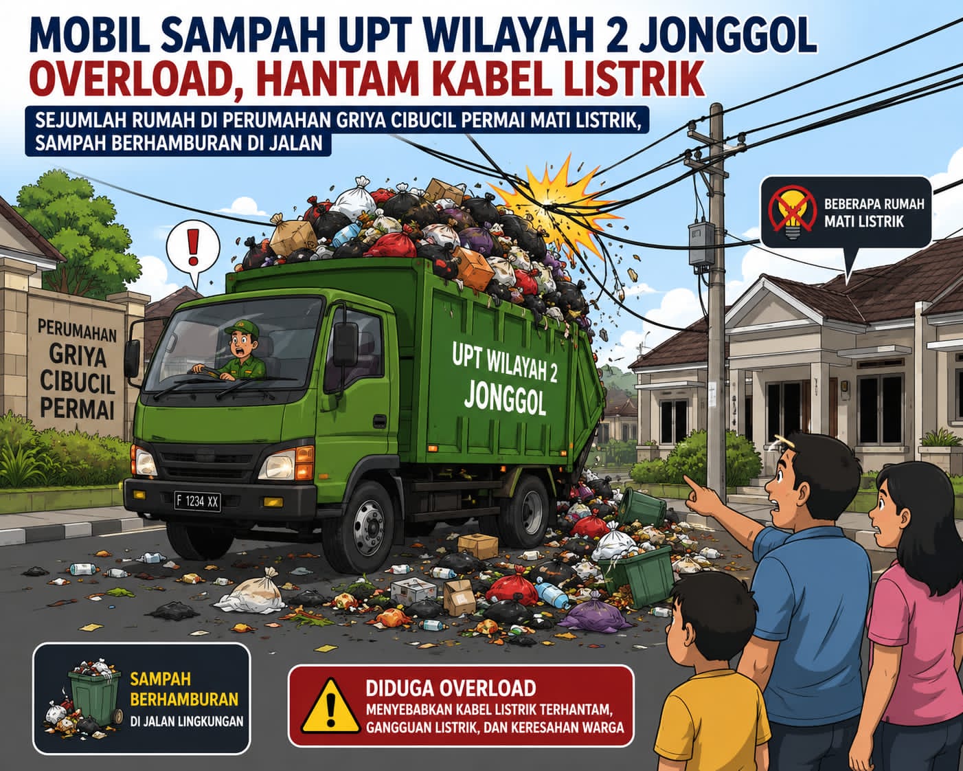 Insiden Truk Sampah di Jonggol: Kabel Putus, Sampah Berceceran